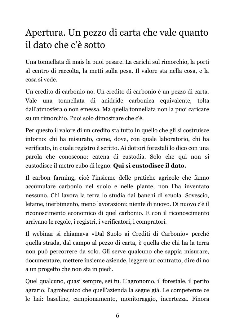 Una pagina interna dell'opuscolo Dal suolo ai crediti di carbonio